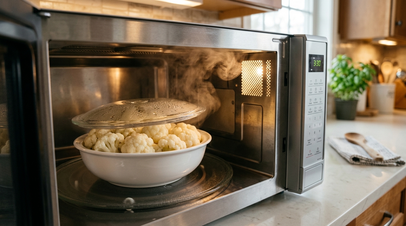 Cauliflower florets in a covered bowl in a microwave — can you microwave cauliflower?