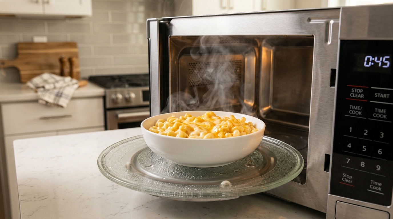 Creamy mac and cheese in a microwave-safe bowl