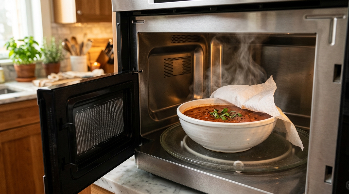Bowl of hot homemade soup ready to microwave