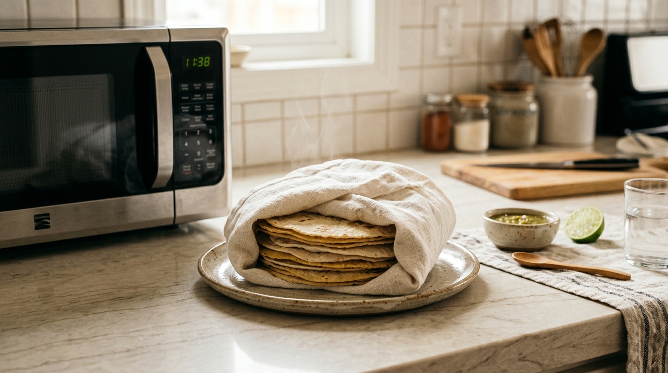 Stack of soft flour tortillas on a wooden board