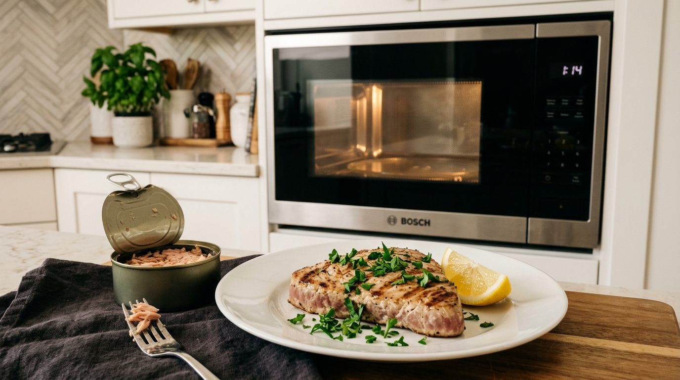 Fresh canned tuna in a microwave-safe dish ready to heat